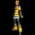 Game and Movie Character in Yellow Coat Gray Striped Pants Yellow Boots With Red Accents