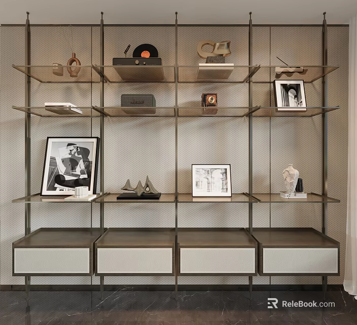 Modern Bookshelf Interior Design With Metal Shelves Framed Photos Sculptures And Drawers 3d model 