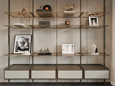 Modern Bookshelf Interior Design With Metal Shelves Framed Photos Sculptures And Drawers 3d model