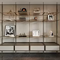 Modern Bookshelf Interior Design With Metal Shelves Framed Photos Sculptures And Drawers