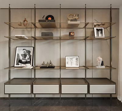 Modern Bookshelf Interior Design With Metal Shelves Framed Photos Sculptures And Drawers 3d model