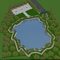 Bird's Eye View Planning of Circular Lake With Surrounding Trees Paths and Open Green Space