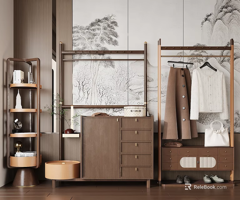 Elegant Modern Console Cabinet And Side Cabinet With Hanging Rack Coat Shoes And Decorative Items 3d model 