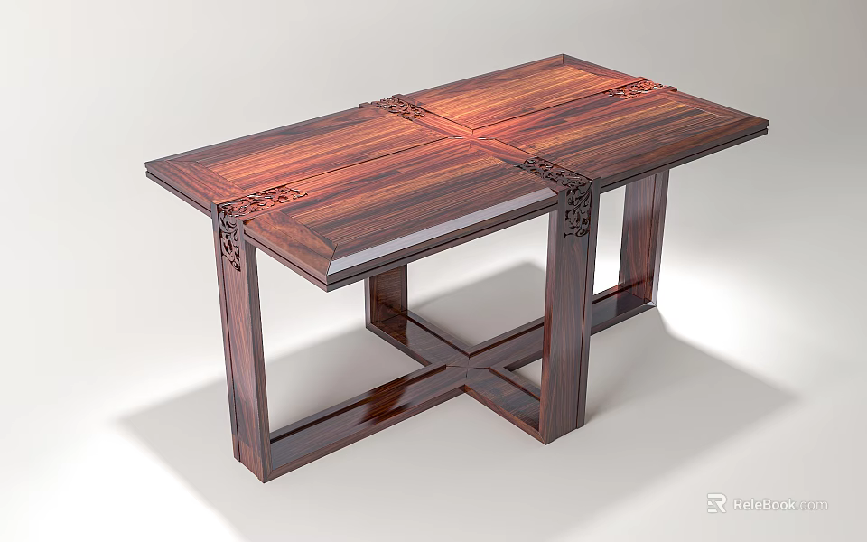 Dark Brown Wooden Dining Table With Carved Details Joined Tabletop And Crossed Legs 3d model 