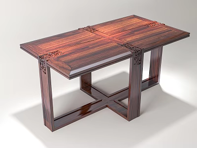 Dark Brown Wooden Dining Table With Carved Details Joined Tabletop And Crossed Legs 3d model