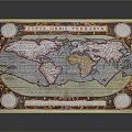 Vintage World Map Displaying Geographical Landscapes With Ornate Borders And Circular Emblems
