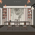 Chinese Tea Room Interior With Bamboo Pattern Wall Bookshelves Long Table Stools And Natural Light