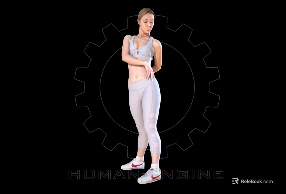 Woman In White Sports Vest Leggings And White Sneakers On Gear Background Human Engine Theme 3d model 