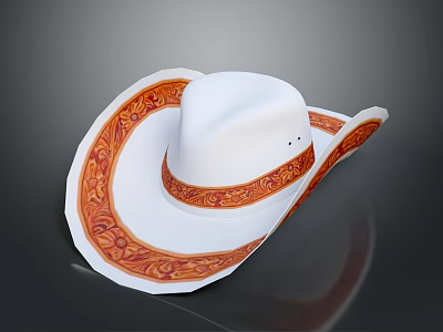 Stylish White Cowboy Hat With Orange Decorative Patterns On Brim And Band 3d model