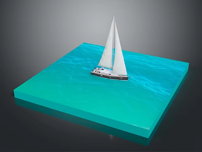 Miniature Sailboat Model Floating On Calm Blue Square Water Display Platform 3d model