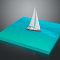 Miniature Sailboat Model Floating On Calm Blue Square Water Display Platform