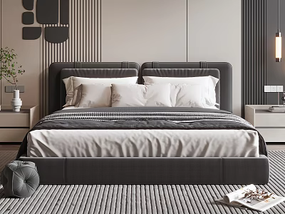 Modern Double Bed With Dark Headboard White Pillows Gray Bedding And Striped Rug 3d model
