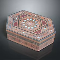 Decorative Octagonal Storage Box With Intricate Inlaid Geometric Patterns And Colorful Details