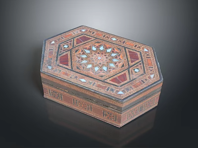 Decorative Octagonal Storage Box With Intricate Inlaid Geometric Patterns And Colorful Details 3d model