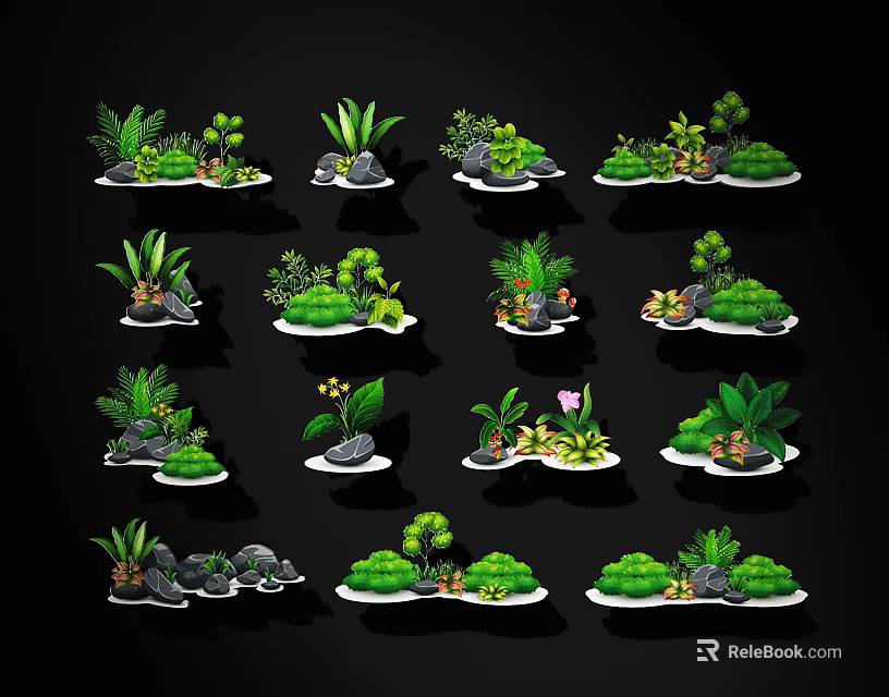 Various Colorful Decorative Plant Combinations With Stones And Green Landscapes 3d model 