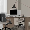 Modern Wooden Office Desk With Computer Monitor Desk Lamp Black Leather Chair And Wheeled Chair