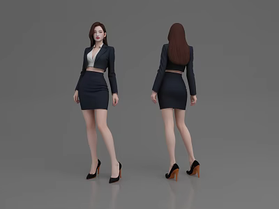 Woman In Black Blazer White Top Black Skirt And High Heels Front Back Views 3d model