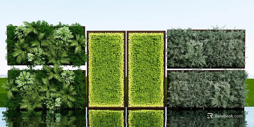 Decorative Living Plant Wall Panels With Various Green Foliage And Water Reflection 3d model 