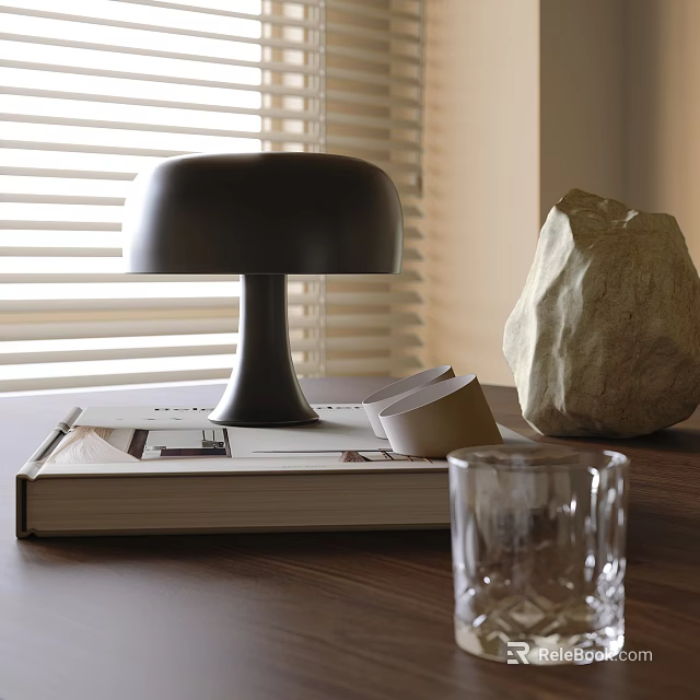 Black Table Lamp On Wooden Table With Large Book Stack Of Papers And Decorative Stone 3d model 
