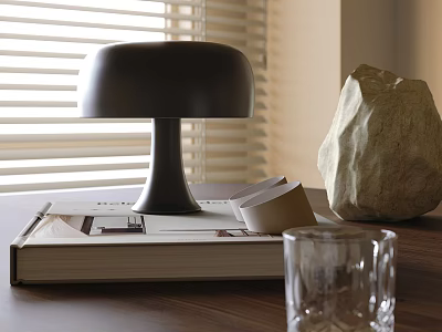 Black Table Lamp On Wooden Table With Large Book Stack Of Papers And Decorative Stone 3d model