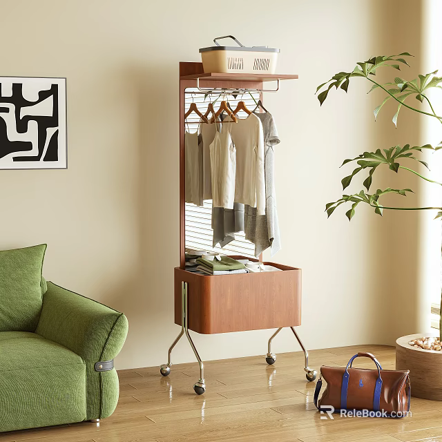 Modern Wooden Clothes Hanger With Wheeled Cabinet And Hanging Clothes In Living Room 3d model 