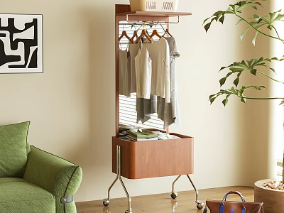 Modern Wooden Clothes Hanger With Wheeled Cabinet And Hanging Clothes In Living Room 3d model