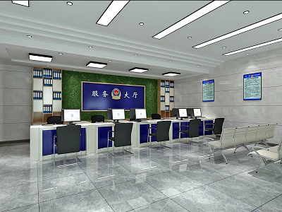 Modern Service Hall Interior With Service Counter Office Equipment And Seats 3d model