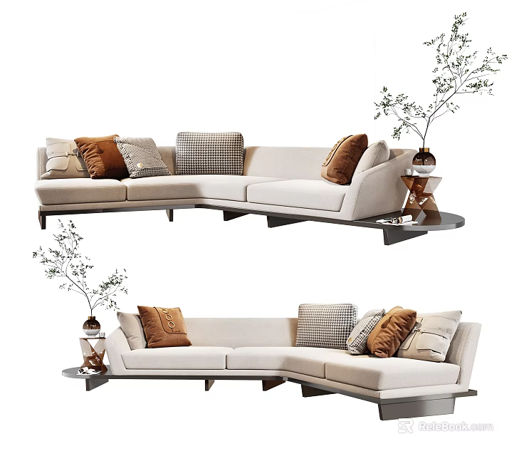 Beige Sectional Sofa with Mixed Color Patterned Cushions and Decorative Plants on Side Table 3d model