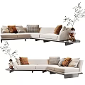 Beige Sectional Sofa with Mixed Color Patterned Cushions and Decorative Plants on Side Table 3d model