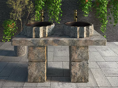 Two Stone Washbasins on Natural Stone Countertop With Green Vines and Brick Wall Background 3d model