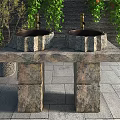 Two Stone Washbasins on Natural Stone Countertop With Green Vines and Brick Wall Background