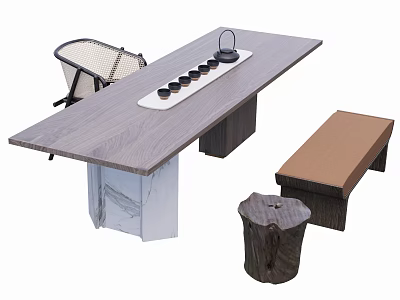 Rustic Tea Table and Chairs with Wooden Tabletop Tea Set Tray Rattan Chair Bench and Tree Stump Stool 3d model
