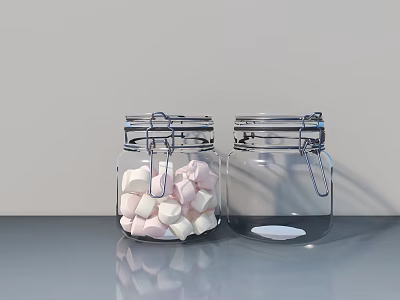 Transparent Ceramic Jars With Pink White Cotton Candy And Empty On Gray Countertop Light Background 3d model