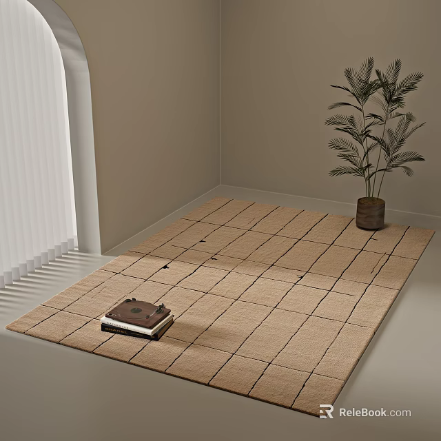 Beige Woven Square Rug With Grid Pattern By Window And Potted Plant 3d model 