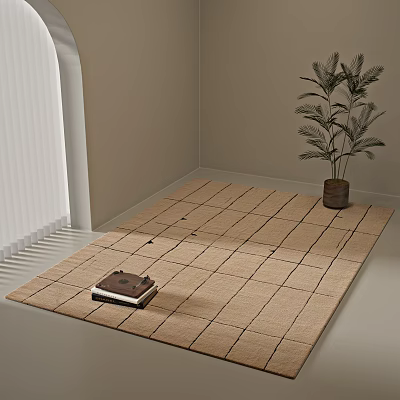 Beige Woven Square Rug With Grid Pattern By Window And Potted Plant 3d model