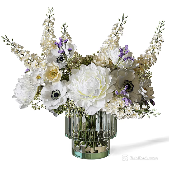 Elegant Floral Arrangement With White Peonies Purple Blooms In Transparent Ribbed Vase 3d model 