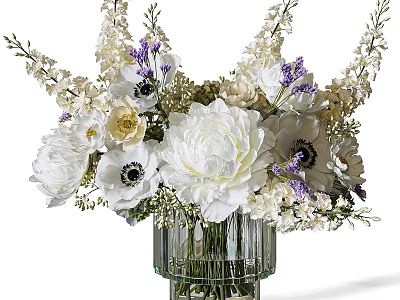 Elegant Floral Arrangement With White Peonies Purple Blooms In Transparent Ribbed Vase 3d model