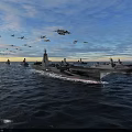 Aircraft Carrier Leading Naval Fleet With Destroyers And Carrier-Based Aircraft Sailing At Sea