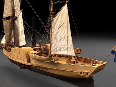 Wooden Sailboat Model With White Sails Wooden Masts And Detailed Hull Design 3d model