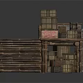 Wooden Building Structure With Wooden Planks Stairs Barrels And Lantern Decorations