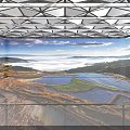 Modern Entrance Metal Frame Structure Person Standing Viewing Scenery Blue Sky White Clouds Mountains