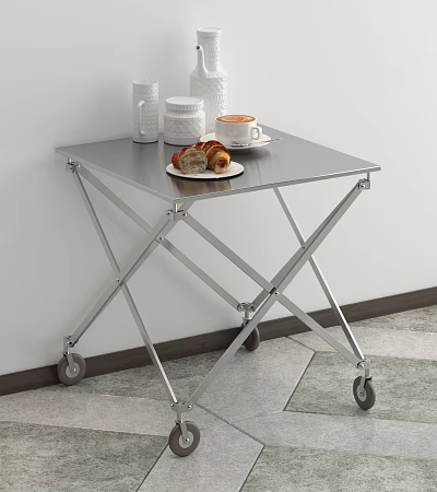 Stainless Steel Folding Coffee Table With Wheels And Coffee Cup Croissant Jars 3d model