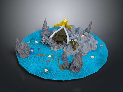 Igloo With Yellow Roof Rocky Peaks Blue Water And Floating Debris 3d model