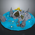 Igloo With Yellow Roof Rocky Peaks Blue Water And Floating Debris