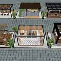 Various Designed Outdoor Rest Pavilions With Green Plants And Paved Ground