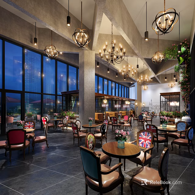 Cozy Café Interior With Large Windows Chandeliers Colorful Chairs Green Plants And Union Jack Decor 3d model 