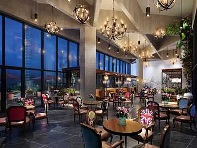 Cozy Café Interior With Large Windows Chandeliers Colorful Chairs Green Plants And Union Jack Decor 3d model