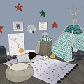Turquoise Polka Dot Teepee Tent In Kids Room With Stars Decor And Carpet