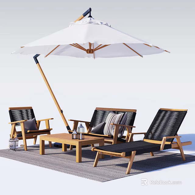 Stylish Outdoor Chairs with Wooden Frame and Black Cushions Under White Umbrella and Coffee Table 3d model 