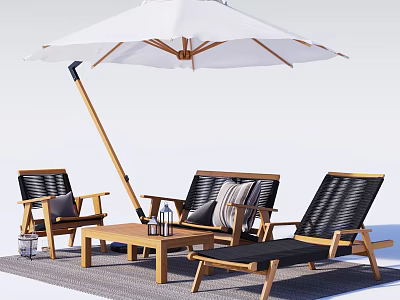 Stylish Outdoor Chairs with Wooden Frame and Black Cushions Under White Umbrella and Coffee Table 3d model